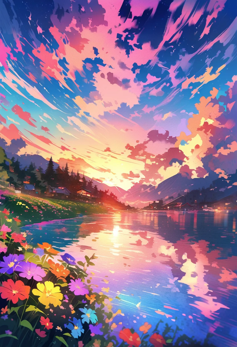 Passe un beau coucher de soleil, Les collines sont couvertes de fleurs et de plantes., Les fleurs approchent, Ciel coloré, couleurs surréalistes, Coucher de soleil coloré, Ciel coloré, beau cielの反射, beau ciel, ambiance fantastique 8K, Nuages multicolores, Reflets colorés sur le lac, Ciel irréel, reflets rouges et bleus, Reflet du feu, beau ciel, Coucher de soleil magnifique et spectaculaire, Magnifique paysage de rêve, beau ciel