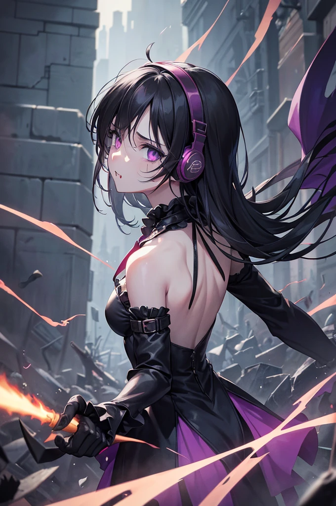 a Zombie girl, Gothic Dress, holding_weapon:1.3(drool of halter ribs), angry face, tears, Black Hair, Purple Eyes, Grey Skin, Red headphones, Break Familiar(Clown Monster), it is standingback a Zombie girl.Break background(rain, Old townscape, A fugitive々, Grey Sky, cigarette, inflammation, Black Dragon), detailed background, artisticBreak she chases people., Break masterpiece, best quality, super detailed, super fine illustration, 8k quality, anime style, detailed background, beautiful background, dynamic angle, ass povBreak masterpiece, best quality, super detailed, super fine illustration, 8k quality, anime style, detailed background, beautiful background, dynamic angle, ass pov