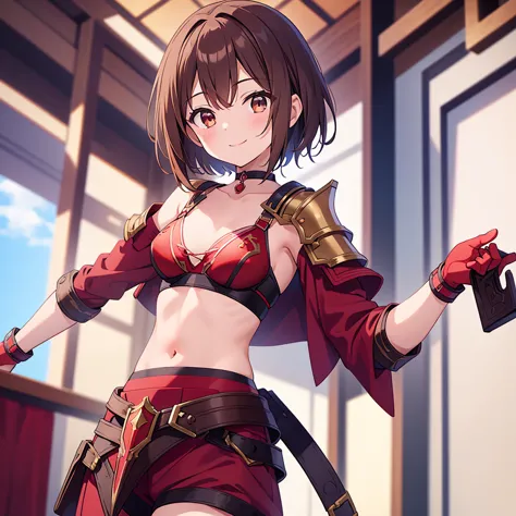 masterpiece,Highest quality,1 Girl,Brown Hair,short hair,Iris,(Parted bangs),Red shoulder armor,Red Bikini Armor,Medium Chest,sm...