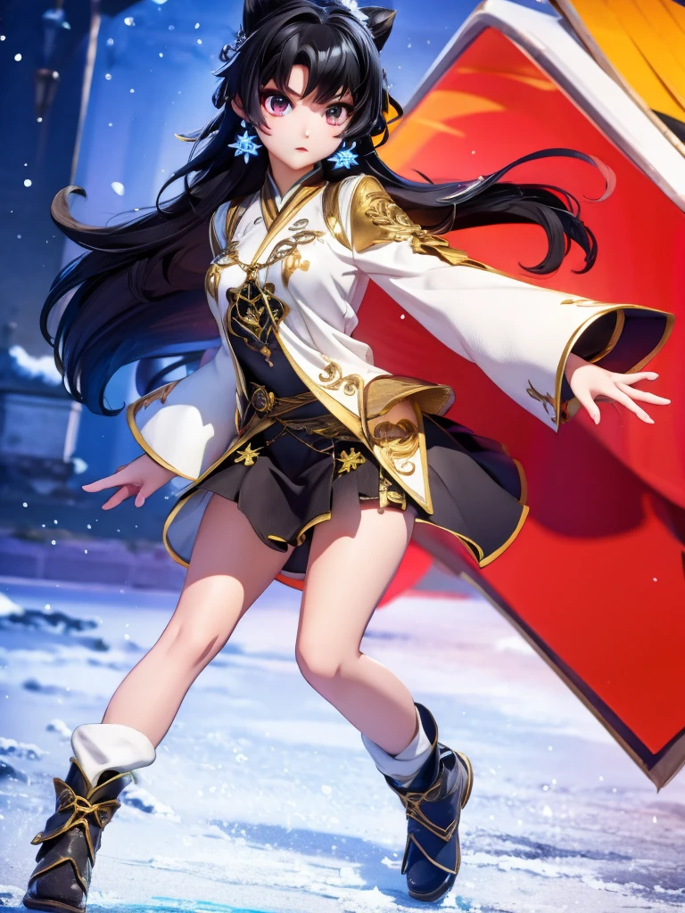 Seizo Watase style, Simple Line Initialism，Abstract art, 3d character, colorful hearts ,(((The most beautiful girl of all time))),  (full body 1.2), only girl,  18 year old, full body, (((8k))),, (((3d))), black hair,  Chinese girl, long hair, snow background