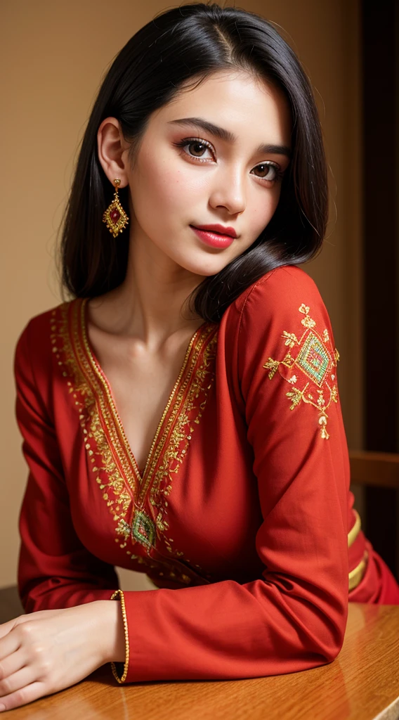 Woman, mysterious eyes, tender smile, vivid lipstick, cascading hairstyle, embroidered blouse, subtle makeup, expressive gaze, detailed earrings, cultural attire, soft lighting, natural beauty enhanced, captivating presence, photographic finesse, warmth radiating, gentle charisma, portrait elegance.