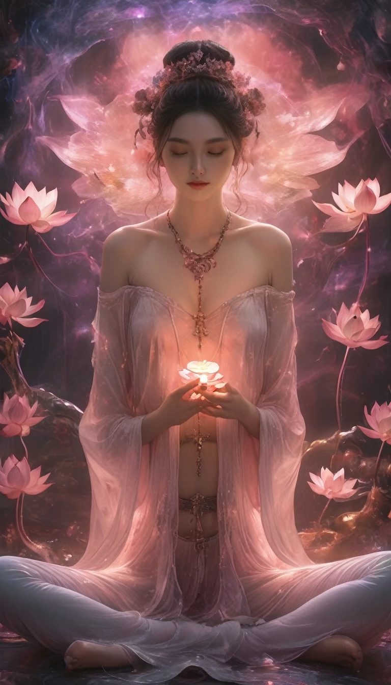 Full-body photo of a courtesan in lotus position，Anatomically correct,born, Cinematic shots, (Sharp focus:1.5), (Realistic:1.4), dusk lighting, Volumetric lighting, Ultra-high resolution, 16K,Dramatic lighting, Abstract background：1.5）（Tangleた，Datura stramonium，Holding a heart light in your hand、Tangle，Intertwined：0.7）witch，Haori, Foxfire spells, conversion, Depth of written boundary, A fantastic atmosphere, The most beautiful form of chaos, Elegance, Fauvist Design Dark Theme, flowers of death, flowers of ecstasy，Glowing Lines,Glow Example，Tracking example，flash， Backlight，translucent，Particles of light,hill，exit