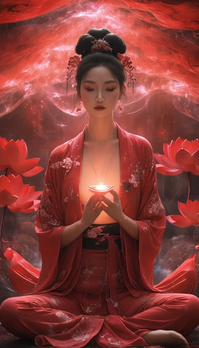 Full body photo of a geisha in lotus position，Anatomically correct,born, Cinematic shots, (Sharp focus:1.5), (Realistic:1.4), dusk lighting, Volumetric lighting, Ultra-high resolution, 16K,Dramatic lighting, Abstract background：1.5）（Tangleた，Datura stramonium，Holding a heart light in your hand、Tangle，Intertwined：0.7）witch，Red haori, Foxfire spells, conversion, Depth of written boundary, A fantastic atmosphere, The most beautiful form of chaos, Elegance, Fauvist Design Dark Theme, flowers of death, flowers of ecstasy，Glowing Lines,Glow Example，Tracking example，flash， Backlight，translucent，Particles of light,hill，exit