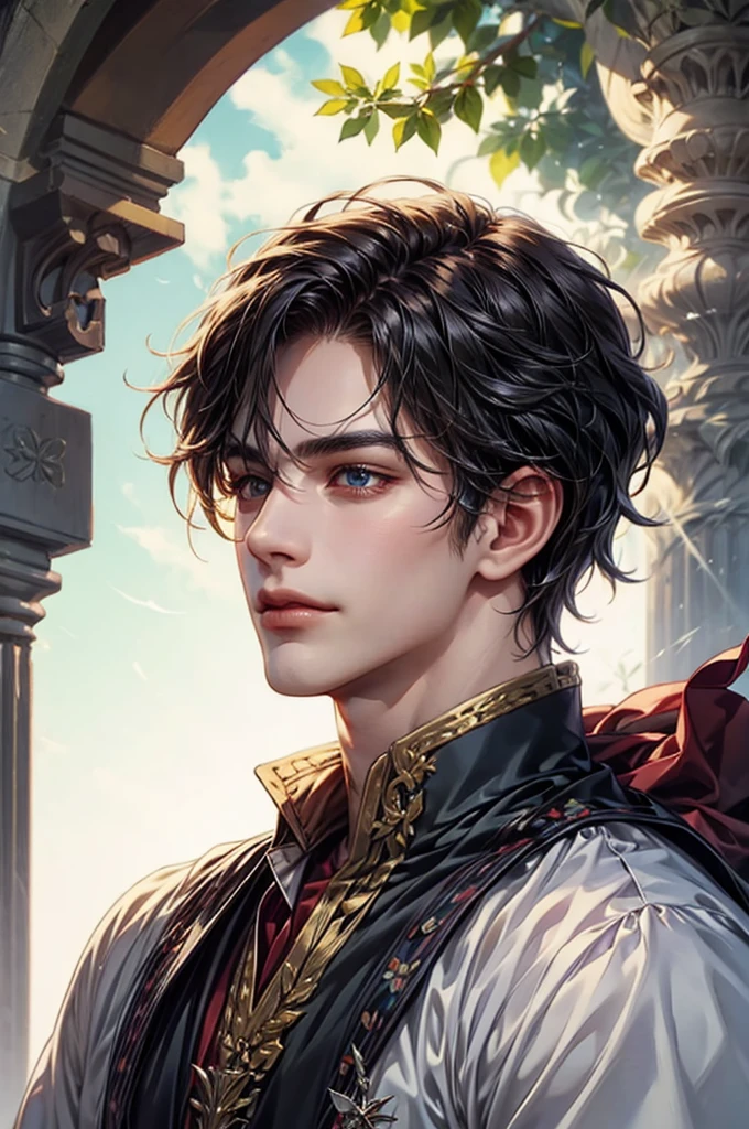 ((Best quality)), ((masterpiece)), (detailed), ((perfect face)), ((halfbody)) handsome face, male, teen boy,  perfect proportions , a character from anime saint seiya, short hair, male version , detailed ghibli interior scenery background 