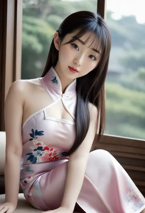 beautiful japanese 18 year old woman, silk qipao, photorealistic, masterpiece, tight clothes, large breasts, lipstick, beautiful...