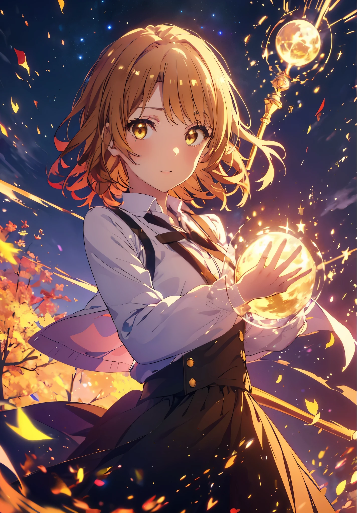 Irohaisshiki, isshiki iroha, short hair, Brown Hair, (Brown eyes:1.5), smile,Open your mouth,((Night Sky)),((Big full moon)),((Sparkling and colorful stars)),Fluffy hair,((Idol style costume with soft volume)),Long skirt,((witch)),In his right hand he possesses a jeweled staff grip.,
break outdoors, forest,forest
break looking at viewer,Upper Body,
break (masterpiece:1.2), Highest quality, High resolution, unity 8k wallpaper, (shape:0.8), (Narrow and beautiful eyes:1.6), Highly detailed face, Perfect lighting, Highly detailed CG, (Perfect hands, Perfect Anatomy),