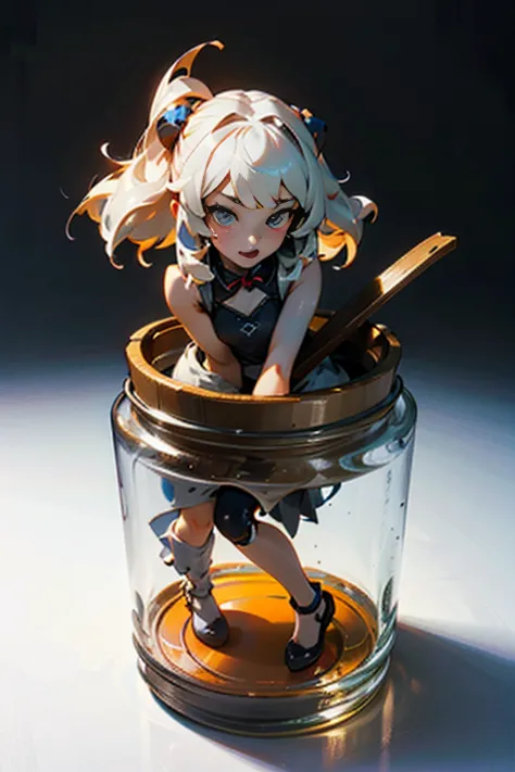 3d-illustration of a very cute girl figure in a jar, masterpiece((must)), palm-sized, cute, the face is dense((must)), ilya kuvs...