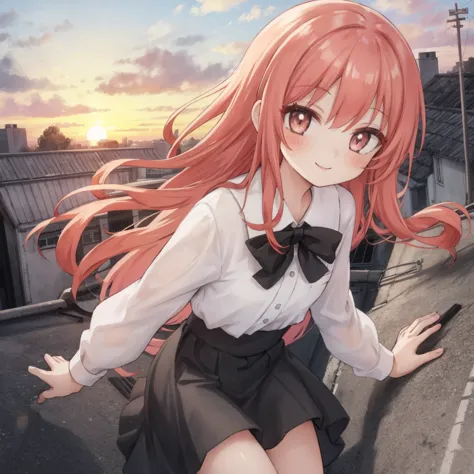 one girl,light red hair,white blouse,black long skirt,smiling face,v pose,school rooftop background,sunset time