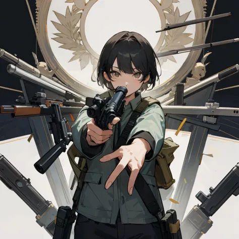 masterpiece, highest quality, audience alone,official_art,holding gun,handgun,hold a gun and take aim,aiming at viewer,gun,no hi...