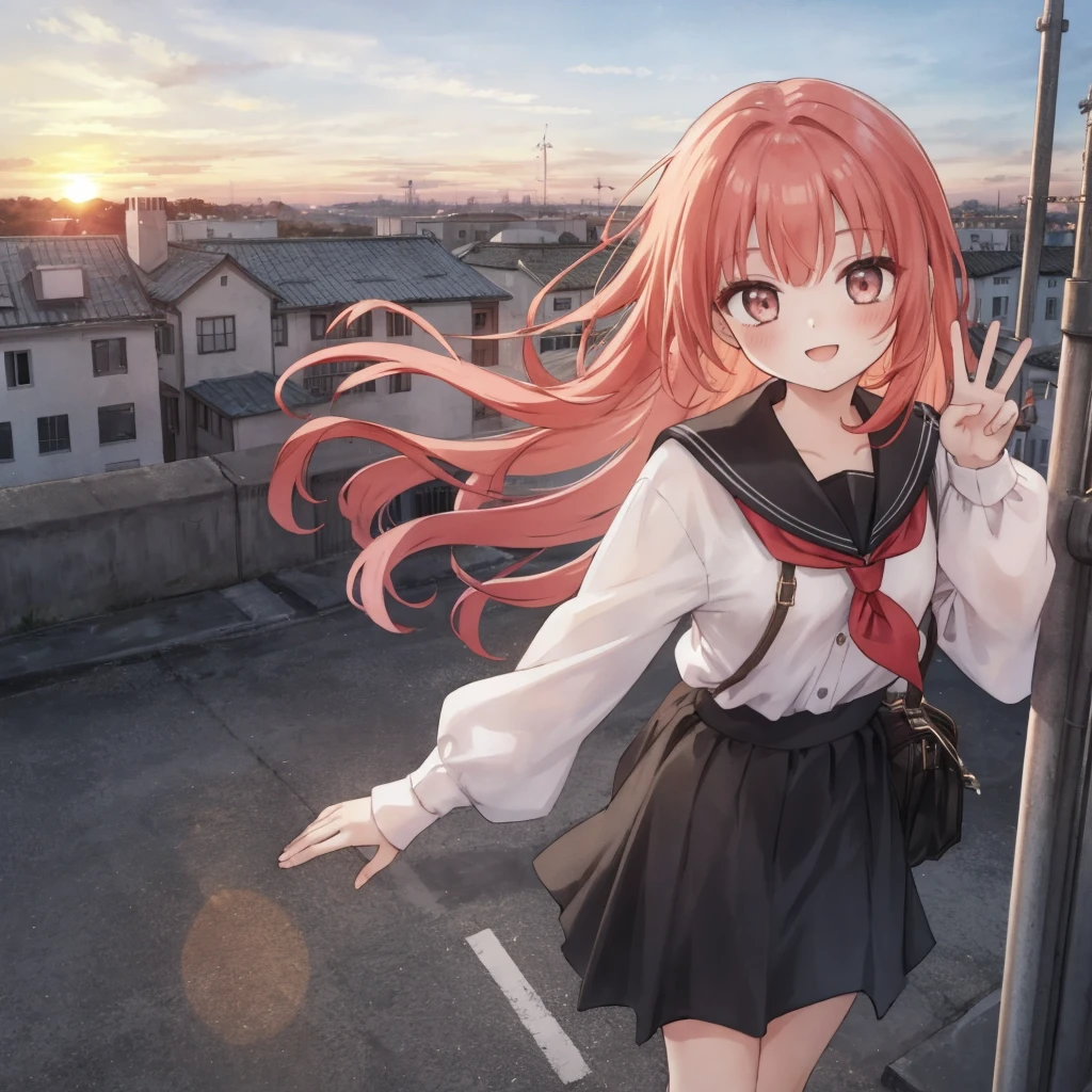 one girl,light red hair,white blouse,black long skirt,smiling face,V pose,school rooftop background,sunset time,I&#39;m looking straight ahead.