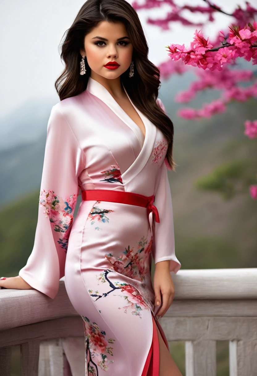 Beautiful  18 year old selena gomez, silk qipao, photorealistic, masterpiece, tight clothes, large breasts, lipstick, beautiful face, seductive, cute, silk kimono, large breasts