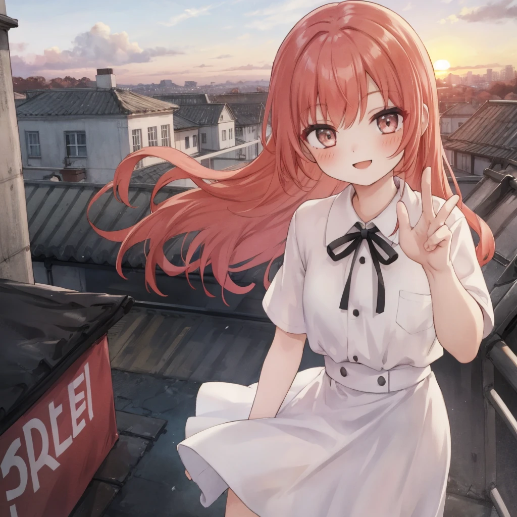 one girl,light red hair,white blouse,black long skirt,smiling face,V pose,school rooftop background,sunset time,I&#39;m looking straight ahead.