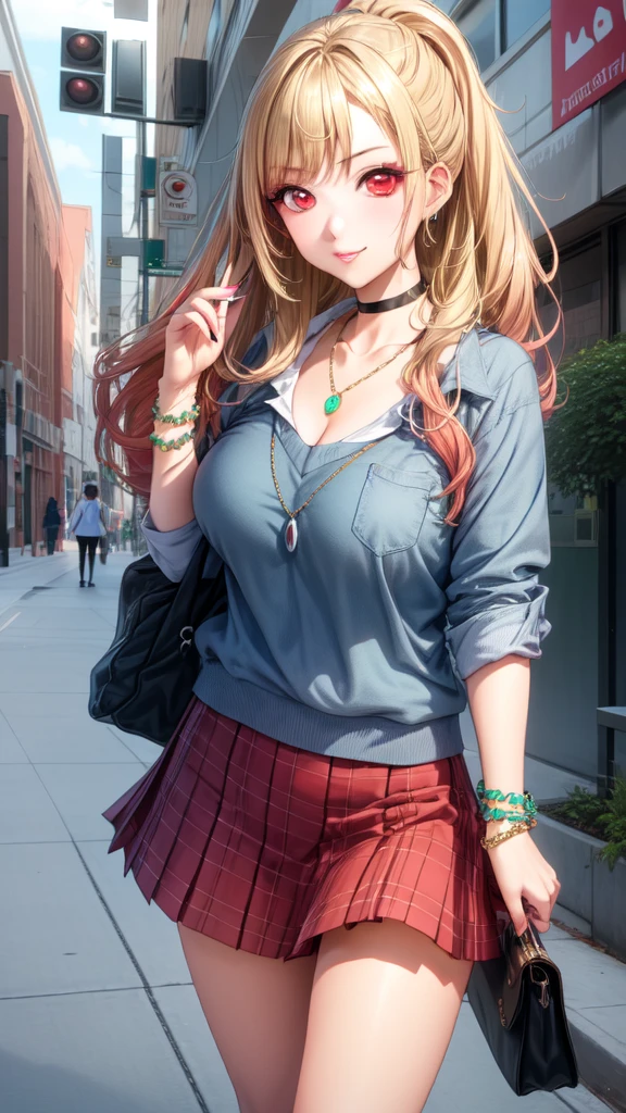 kitagawa marin, 1girl, blonde hair, long hair, multicolored hair, red eyes, jewelry, necklace, choker, bracelet, 8k, solo beautiful (kogal gyaru) girl, hair accessory, jewelry, bracelet, makeup, ponytail,
blonde hair,
(school uniform),
wide shot