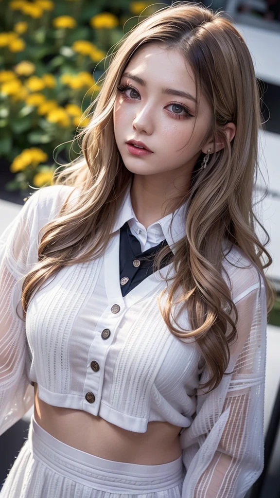 Realista, Obra maestra, de la máxima calidad, resolución más alta, una chica japonesa de secundaria, 16 años de edad, foto de la parte superior del cuerpo, parece somnoliento, Espaciado, boca abierta, Hermoso y detallado dibujo de ojos., (ojos caídos:1.3), ojos oscuros, cejas finas, Dibuja con cuidado las pestañas., Extensiones de pestañas, maquillaje de chica, Orange teak,  (Cabello ondulado castaño blanco con malla blanca., pelo largo, Parte media:1.3), (párpados arrugados ocultos:1.3), (uniforme escolar gótico:1.2), (El sujeto fue fotografiado desde arriba en ángulo.:1.3), (campo de flores:1.3), (cerrar la cara, Ponerse de pie y tratar de captar al público.:1.5)