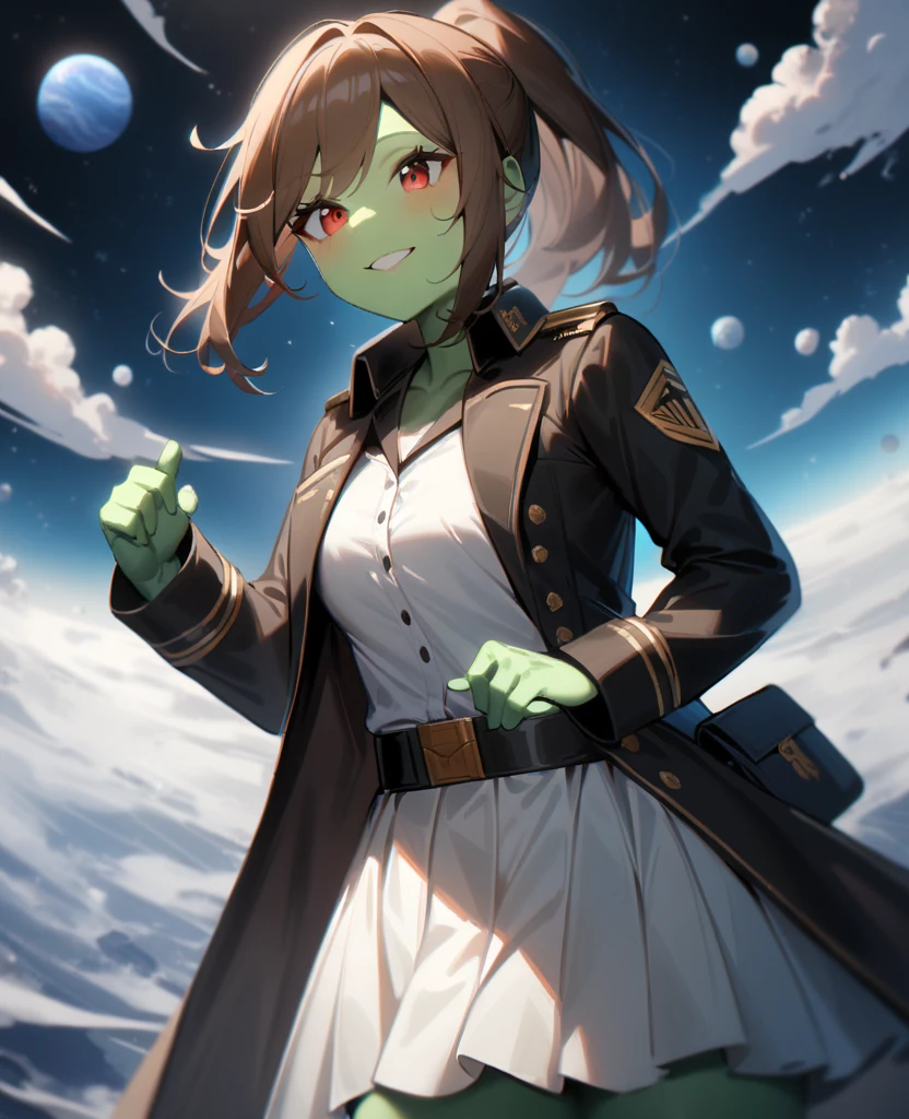 1girl,solo,red eyes,((brown hair:1.5)),ponytail,((light green skin)), old tattered black military coat, white skirt, white shirt,cowboy shot,on moon, blue and grey ringed planet in sky,Science fiction,ultra-detailed,sharp focus,aesthetic,(best quality) smiling, giantess