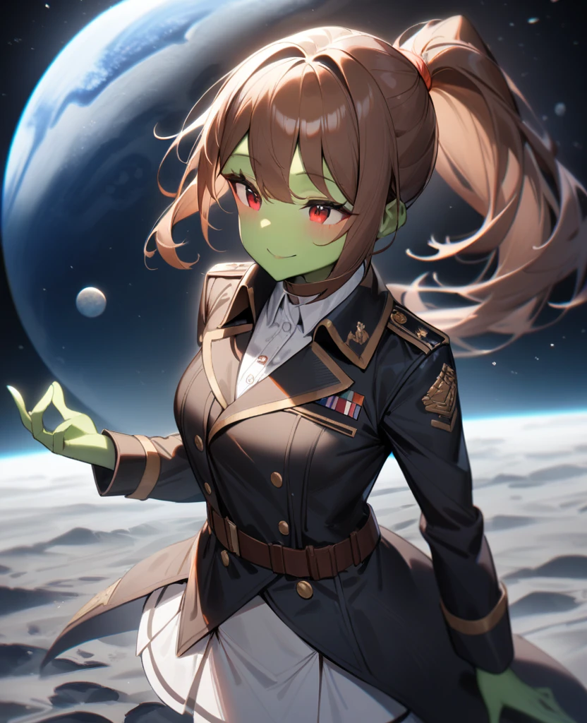 1girl,solo,red eyes,((brown hair:1.5)),ponytail,((light green skin)), old tattered black military coat, white skirt, white shirt,cowboy shot,on moon, blue and grey ringed planet in sky,Science fiction,ultra-detailed,sharp focus,aesthetic,(best quality) smiling, giantess