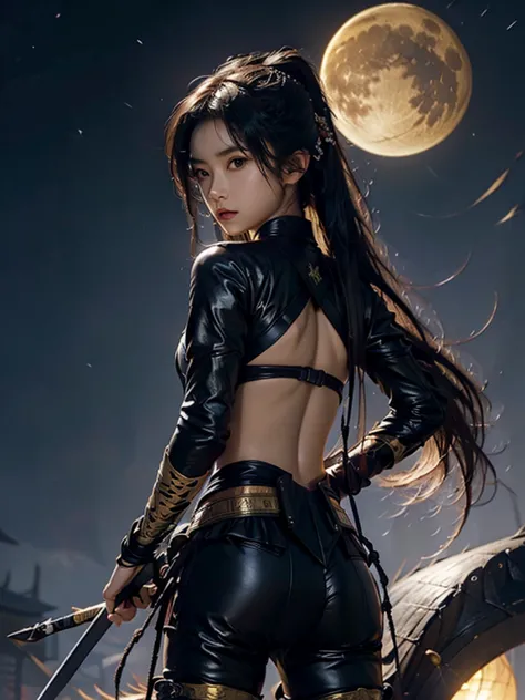 ninja girl, ninja costume, samurai sword on the back of a statue, golden moon, dark sky.