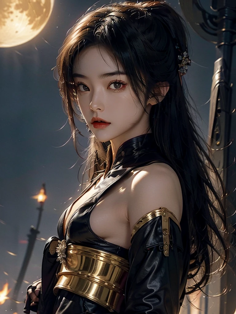 garota ninja, ninja costume, espada de samurai nas costas de uma estátua, lua dourada, céu escuro.