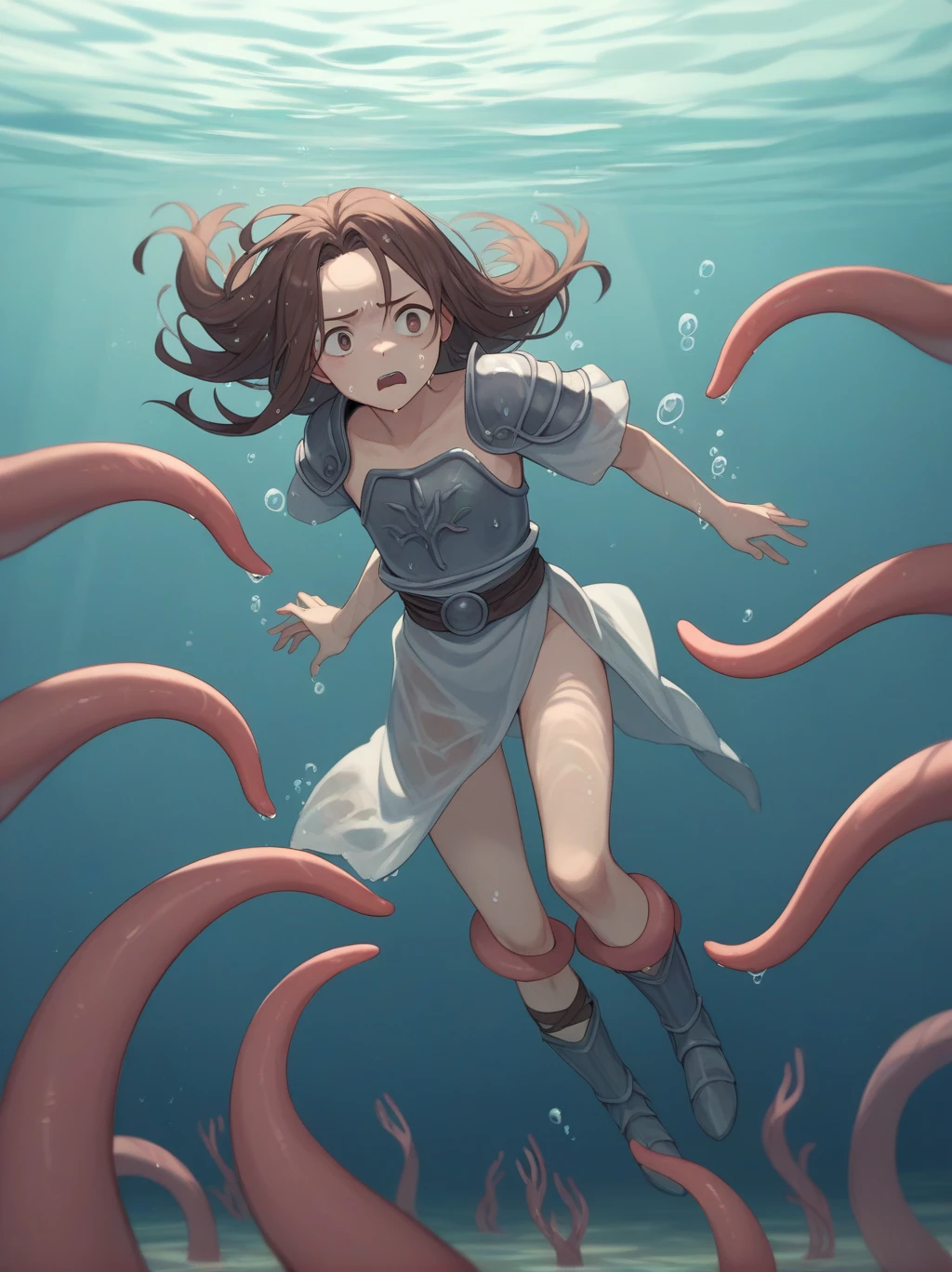 Partially underwater,最high quality,high quality, , Long Hair, Brown Hair, Wet Hair, Flat Chest,Dark underground labyrinth,No light,Cloth armor,Equipped with a dagger and a shield,Face above water,Body in water, Underwater Photography,The robe rolls up due to buoyancy,Painful face、My leg is pulled by tentacles、Being dragged into the water、Go wild