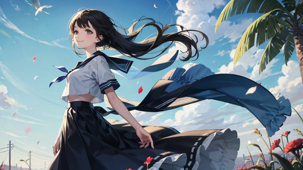 (masterpiece),  town,  blue sky,  One Girl,  smile,  alone,  Sailor suit、Long skirt,  Overgrown,  petal,  plant、Skirt lining、Translucent slip、Nostalgic、Strong winds、Skirt fluttering in the wind