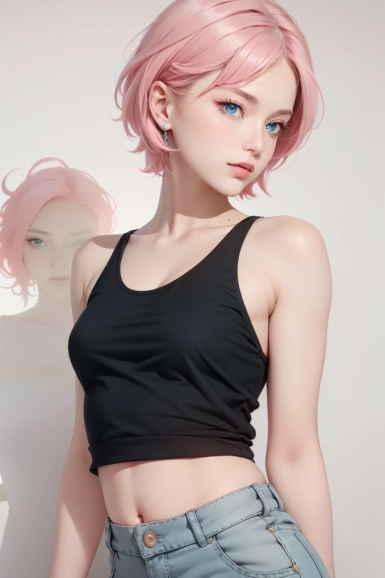 extreme quality, detailed face+eyes, (bright colors), (realistic), a 35 years old danish woman, blue eyes, tiny breasts, flat chest, chubby, (short pink hair), oversized white tank top, belly, black baggy pants, 