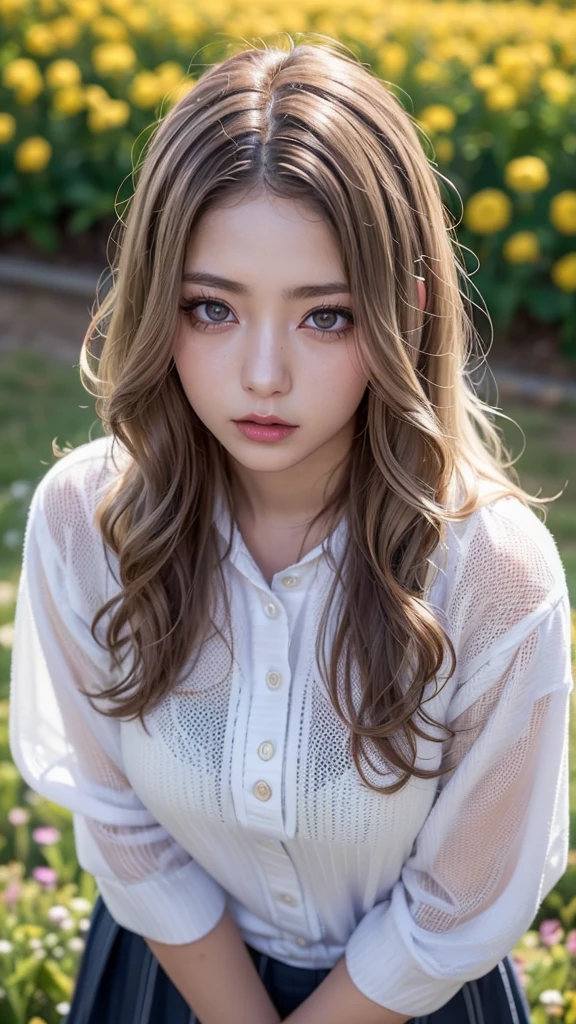 Realistic, masterpiece, highest quality, Highest Resolution, one Japanese high school girl, 16 years old, Upper body photo, Looks sleepy, Spaced out, Mouth open, Beautiful and detailed eye drawing, (droopy eyes:1.3), Dark Eyes, Thin eyebrows, Carefully draw eyelashes, Eyelash extensions, Gal Makeup, Orange teak,  (White brown wavy hair with white mesh, long hair, middle part:1.3), (hidden creased eyelids:1.3), (Gothic school uniform:1.2), (The subject was photographed from above at an angle:1.3), (Flower Field:1.3), (Close up on face, Standing up and trying to grab the audience:1.5)