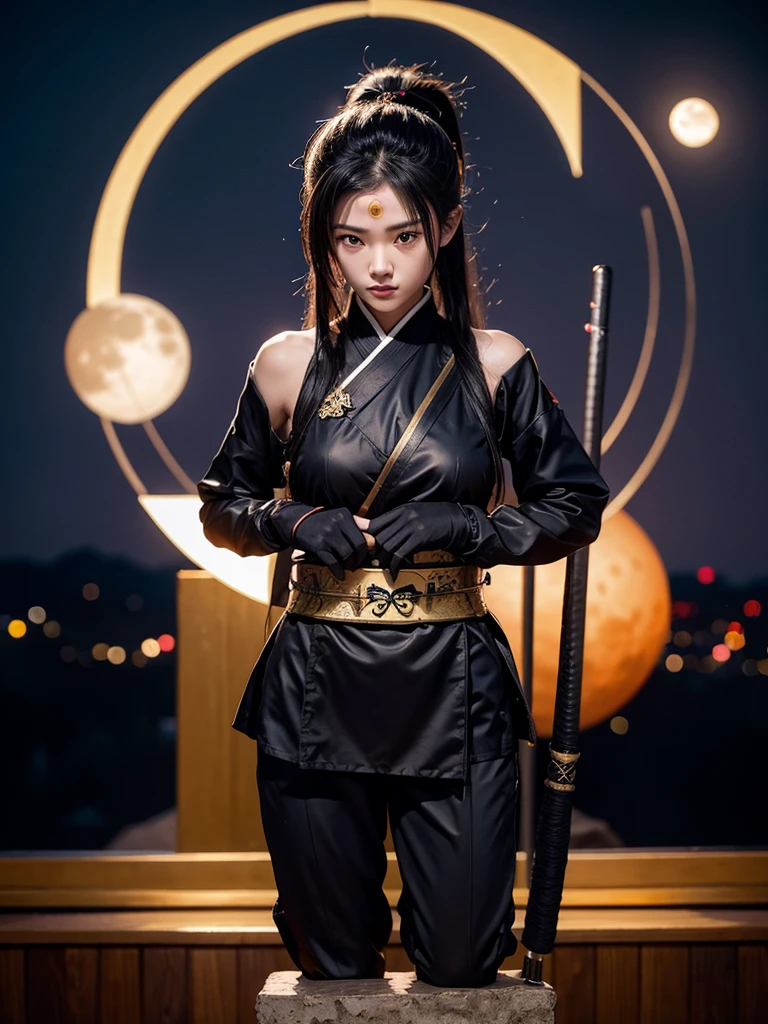 فتاة النينجا, أزياء النينجا, سيف الساموراي على ظهر التمثال, القمر الذهبي, السماء مظلمة.