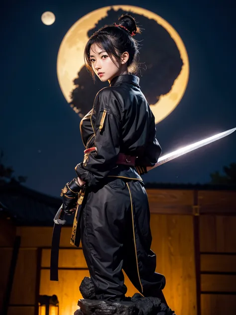 Ninja girl, ninja costume, samurai sword on the back of a statue, golden moon, dark sky.