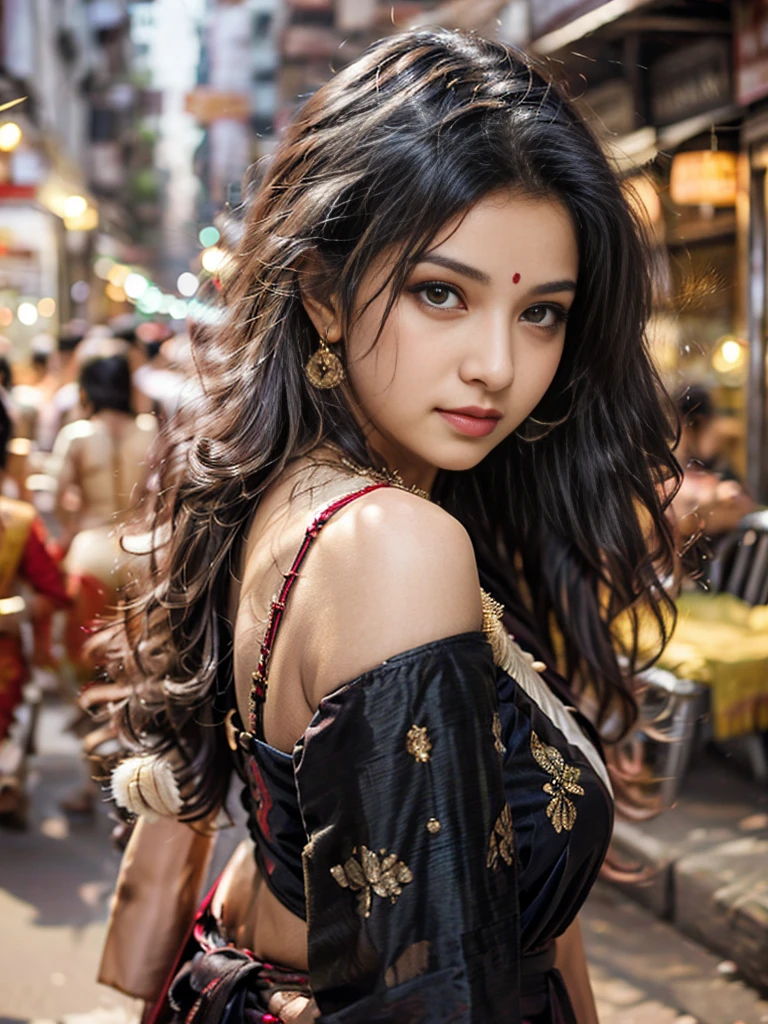 (((desi girl))), chubby face, natural skin, wearing sexy deep and traditional sexy Indian attire, sexy big , charming and sexy black hair, ((hair are long and curly)), city streets background, bokeh