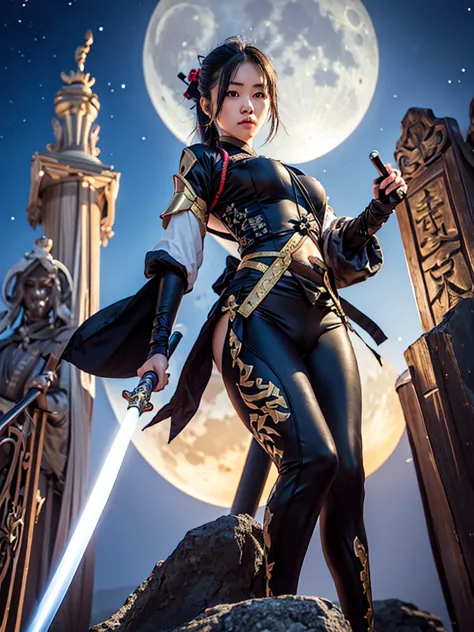 Ninja girl, ninja costume, samurai sword on the back of a statue, golden moon, dark sky.