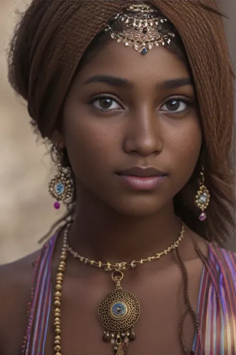 a full body of a 18-year-old arabic woman with short red hair. her dark brown eyes are fixed on the camera, conveying serenity a...