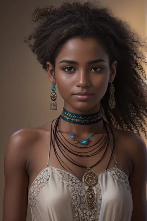 a full body of a 18-year-old arabic girl  with short red hair,  her dark brown eyes are fixed on the camera, conveying serenity ...