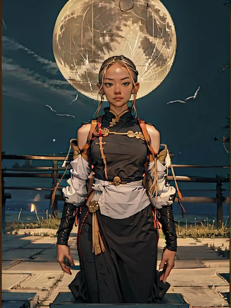 Garota Ninja, ninja costume, espada de samurai nas costas de uma estátua, lua dourada, céu escuro.