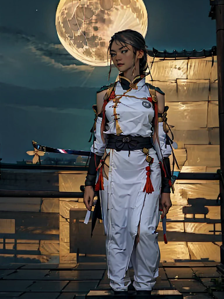 Ninja girl, ninja costume, samurai sword on the back of a statue, golden moon, dark sky.