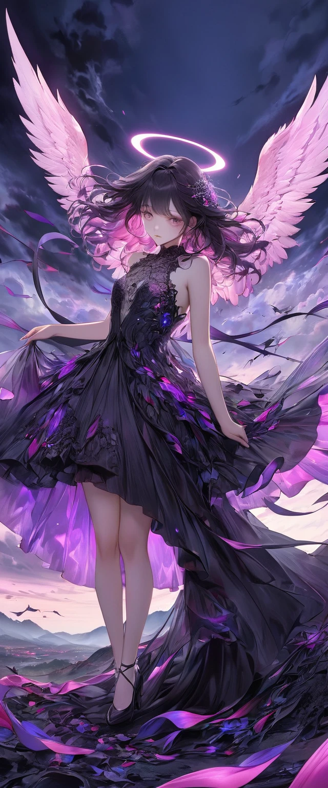 best quality, super fine, 16k, incredibly absurdres, extremely detailed, 2.5D, delicate and dynamic depiction, beautiful fallen angel clad in purple pink and dark darkness, beautiful pastel-colored landscape reminiscent of heaven, effect that mimics the struggle between opposing forces