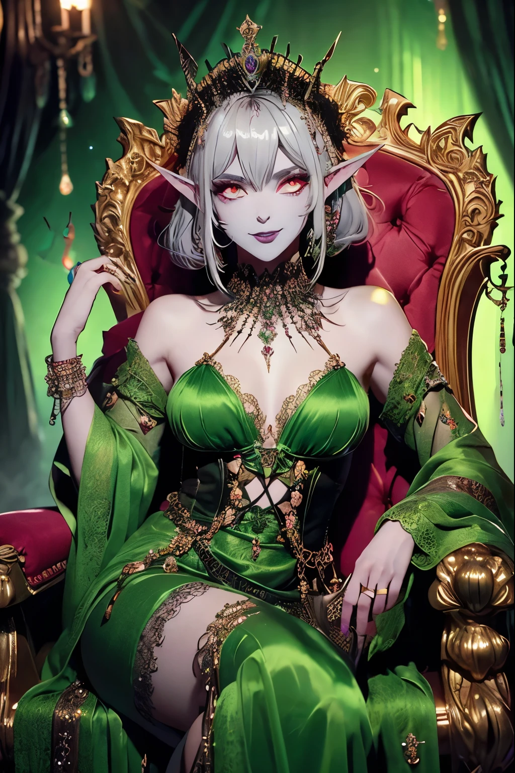 (Ultra-detailed face, Brutal eyes), (Fantasy Illustration with Gothic & Ukiyo-e & Comic Art), (Full Body, A middle-aged ice elf woman with silver hair, blunt bangs, very very long disheveled hair, and silver skin, Eyes burning yerrow), (The queen wears a jade tiara, a large jeweled necklace and earrings, a long lacy deep green silk dress, and jeweled green sandals), (The green demon queen lies on a huge, tall throne, hands on her cheeks and a brutal smile on her face), BREAK (An opulent, tall, gigantic gothic throne of glittering splendor, adorned with gems and precious metals. It looks dark:1.2), (In the background, long curtains and many candelabras line either side of the queen's throne in the royal palace)