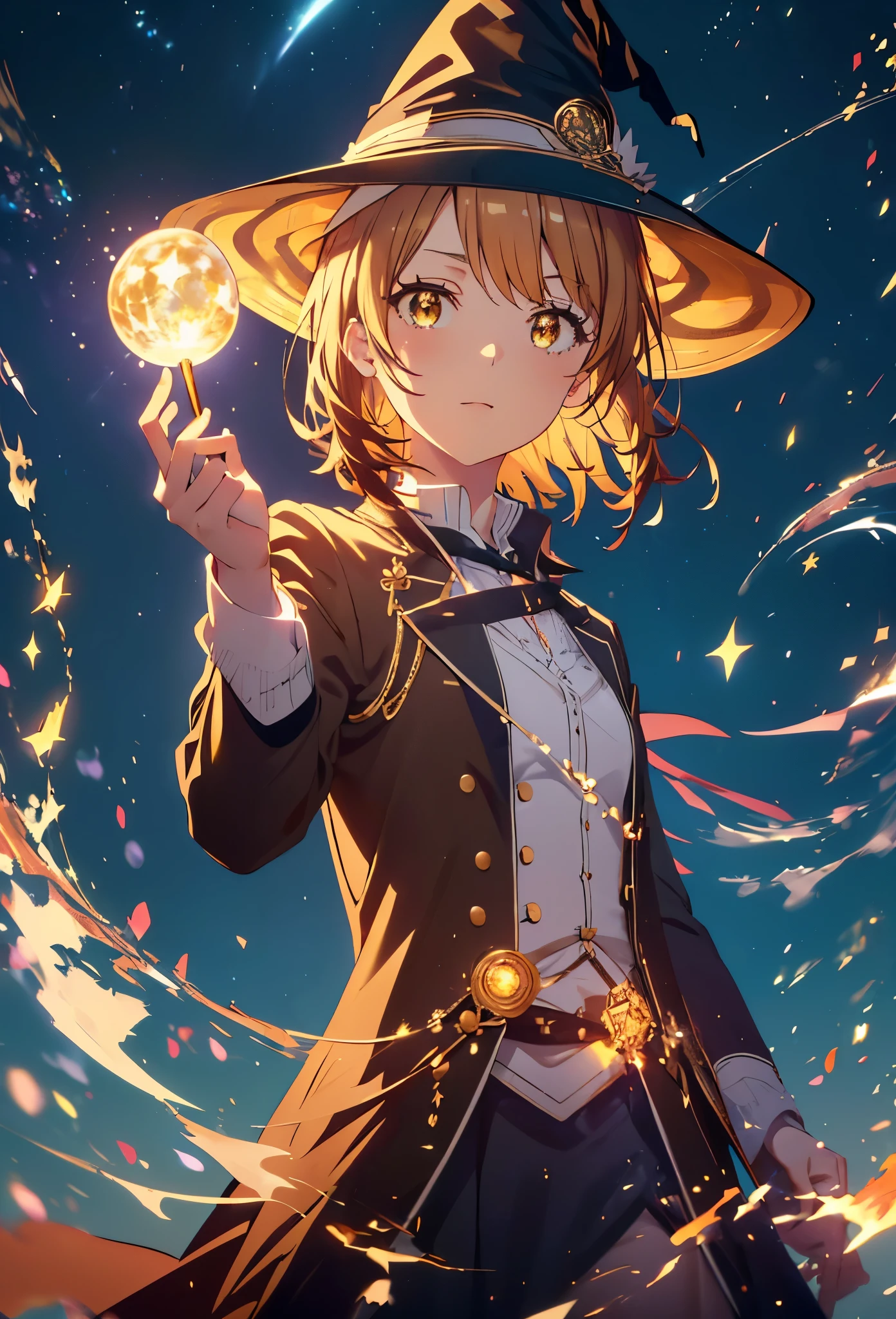 Irohaisshiki, isshiki iroha, short hair, Brown Hair, (Brown eyes:1.5), smile,((Night Sky)),((Big full moon)),((Sparkling and colorful stars)),Fluffy hair,((Idol style costume with soft volume)),Long skirt,((gorgeous wizard hat)),((witch)),(magic wand with a jewel on the tip),Explosive Flame,
break outdoors, forest,forest
break looking at viewer,Upper Body,
break (masterpiece:1.2), Highest quality, High resolution, unity 8k wallpaper, (shape:0.8), (Narrow and beautiful eyes:1.6), Highly detailed face, Perfect lighting, Extremely detailed CG, (Perfect hands, Perfect Anatomy),