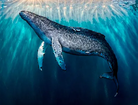It depicts an underwater scene of a large whale surrounded by a school of small fish.。The whale is positioned vertically into th...