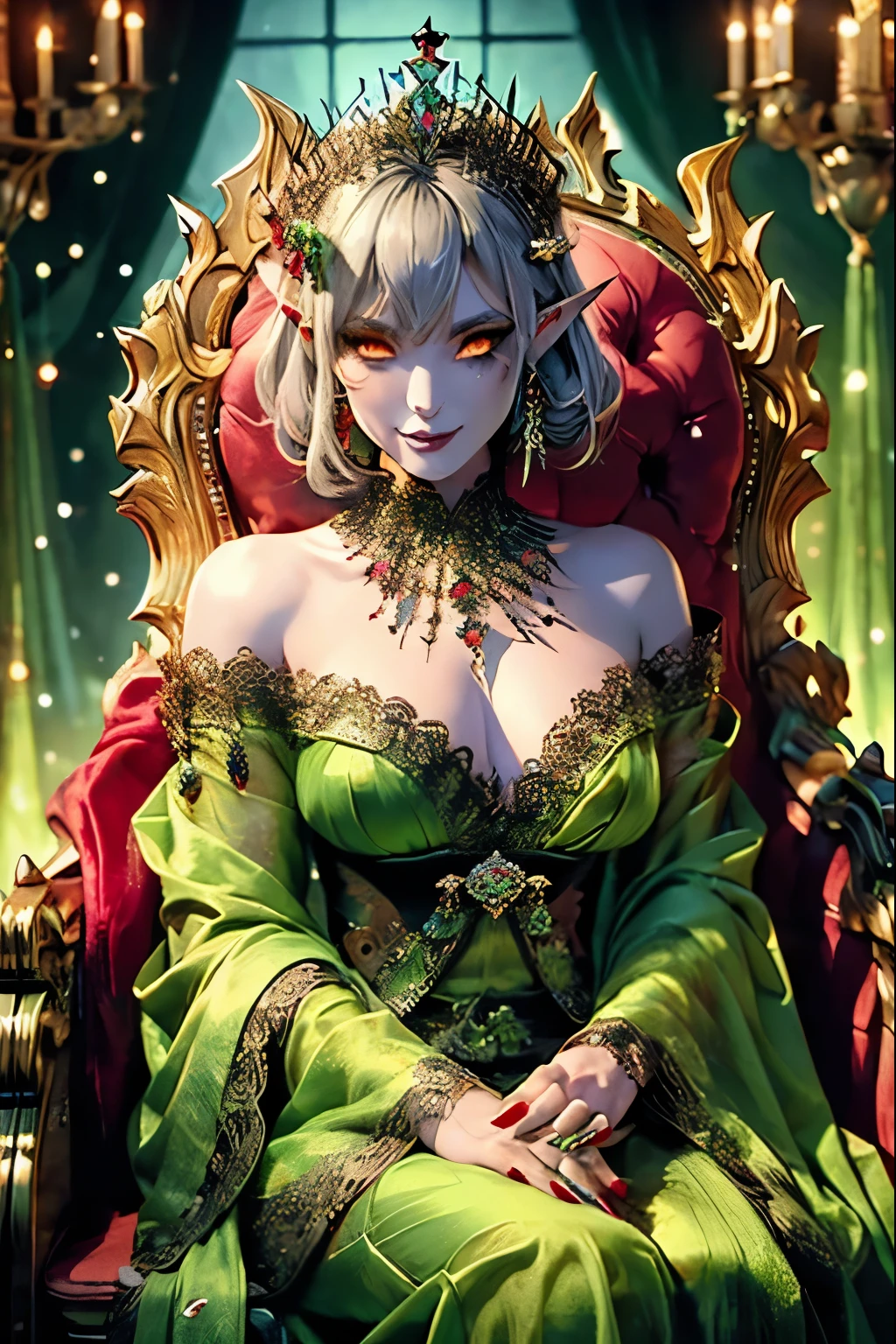 (Ultra-detailed face, Brutal eyes), (Fantasy Illustration with Gothic & Ukiyo-e & Comic Art), (Full Body, A middle-aged ice elf woman with silver hair, blunt bangs, very very long disheveled hair, and silver skin, Eyes burning yerrow), (The queen wears a jade tiara, a large jeweled necklace and earrings, a long lacy deep green silk dress, and jeweled green sandals), (The green demon queen lies on a huge, tall throne, hands on her cheeks and a brutal smile on her face), BREAK (An opulent, tall, gigantic gothic throne of glittering splendor, adorned with gems and precious metals. It looks dark:1.2), (In the background, long curtains and many candelabras line either side of the queen's throne in the royal palace)
