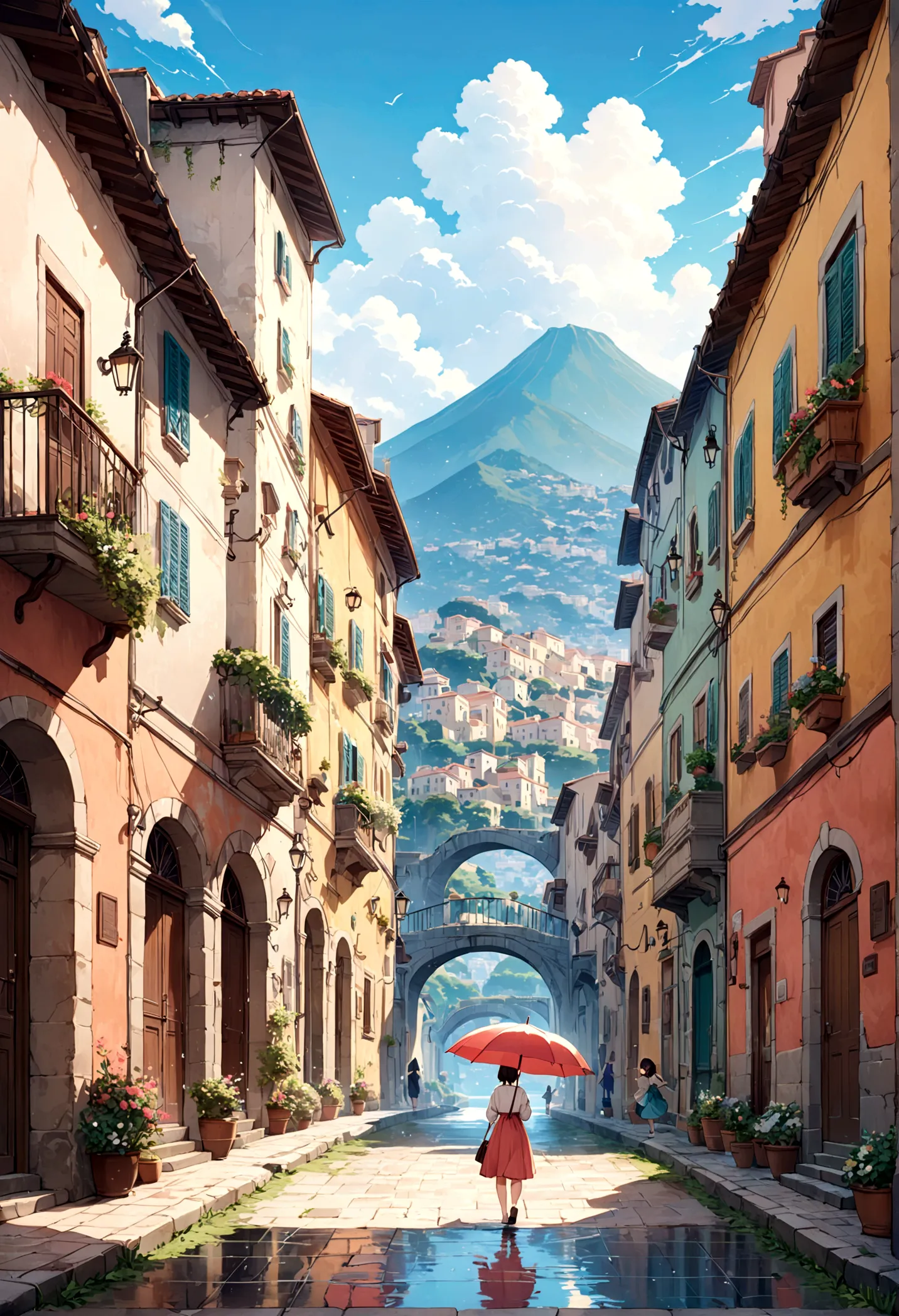 cuteイラスト: landscape,Street corner on a rainy day,絵本に出てくるようなlandscape,Emotional,Girl is walking,break,(Girl with an umbrella),umb...