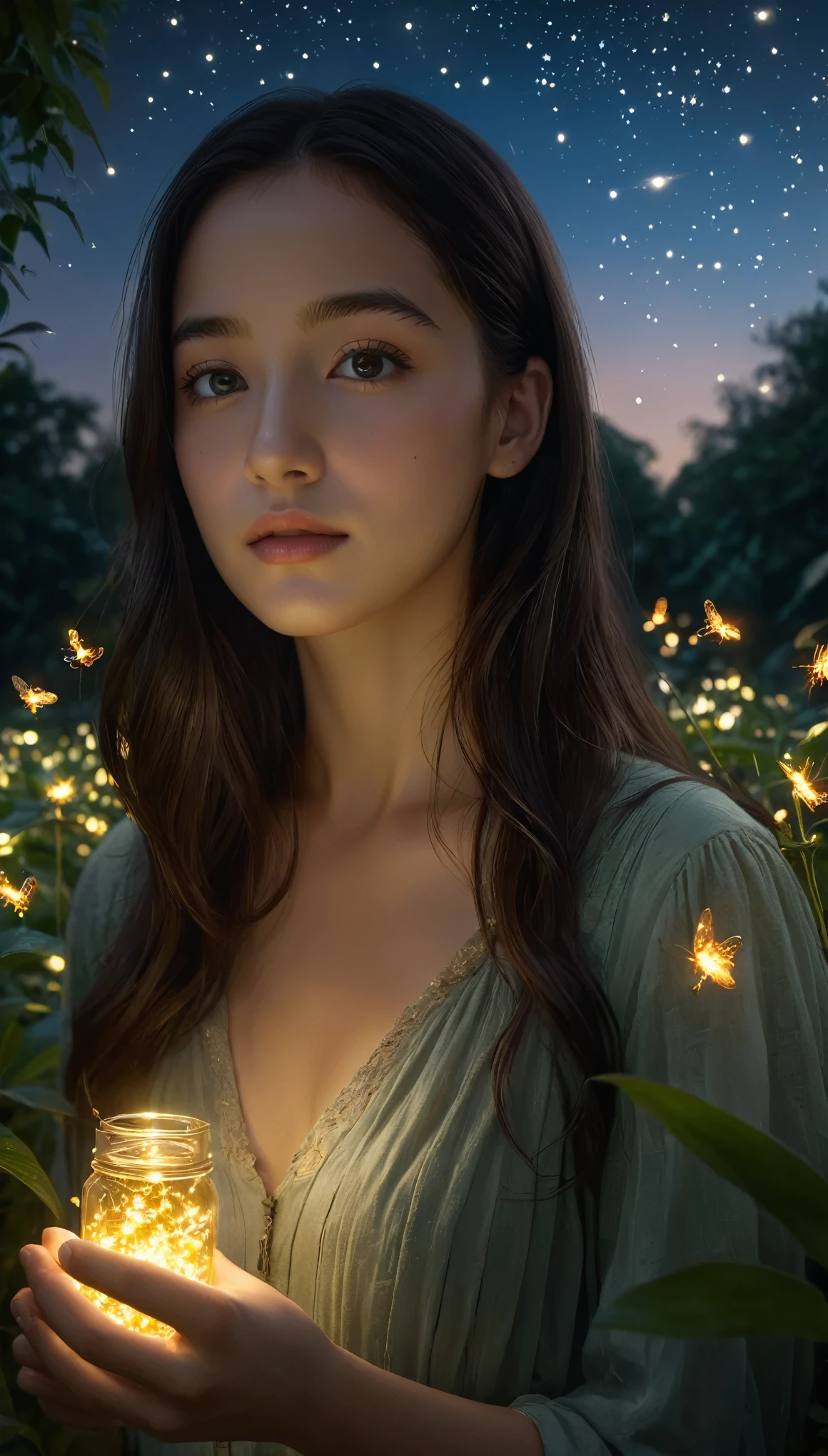 (8K, Highest quality, masterpiece: 1.2), (Realistic, photoRealistic: 1.37), Super detailed, One beautiful girl, Wide viewing angles, Firefly Garden, Lots of little faint lights and fireflies flying around, night