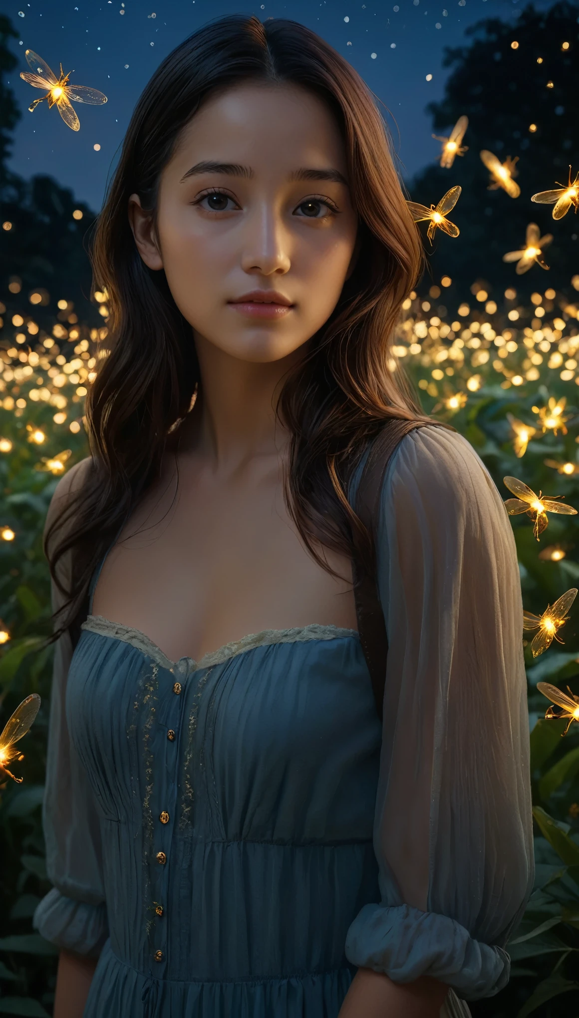 (8K, Highest quality, masterpiece: 1.2), (Realistic, photoRealistic: 1.37), Super detailed, One beautiful girl, Wide viewing angles, Firefly Garden, Lots of little faint lights and fireflies flying around, night