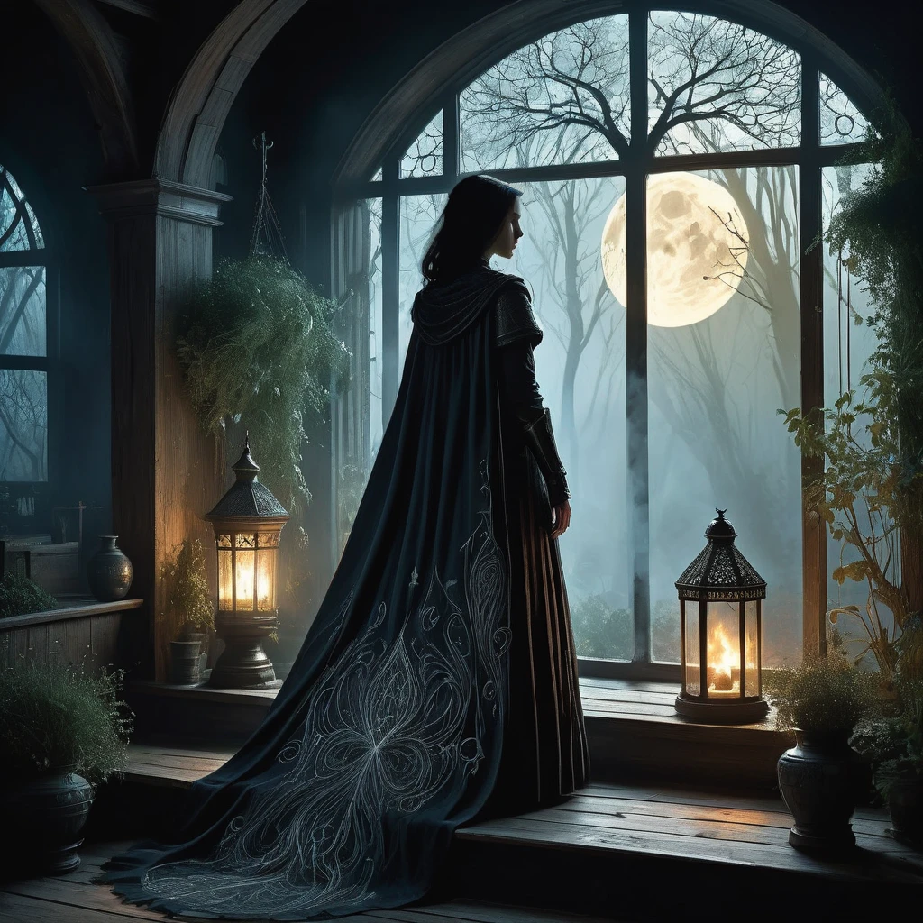 In the quiet solitude of a small, weathered cottage nestled at the edge of a dense forest, a figure stands silhouetted against the flickering light of a hearth fire. Her hair, a cascade of pure white that contrasts starkly against her dark attire, falls in waves down her back.

Dressed in a fitted black tunic adorned with intricate patterns of silver thread and leather straps, she wears practical trousers tucked into sturdy boots that have treaded many paths. Over her shoulder hangs a cloak, its deep midnight hue blending seamlessly with the shadows that dance along the walls.

The cottage, with its rough-hewn wooden beams and shelves filled with ancient tomes and mysterious artifacts, speaks of a life steeped in arcane knowledge and hidden lore. The air is heavy with the scent of herbs and potions brewed to ward off malevolent spirits that haunt the nearby woods.

Outside, the moon casts a pale glow through the lattice window, illuminating the herbs drying from the rafters and casting elongated shadows across the worn wooden floor. Every corner of the cottage whispers of secrets and spells, each carefully guarded against the darkness that threatens to encroach upon this haven.

In this realm of dark medieval fantasy, where magic and danger lurk just beyond the threshold, she stands as a sentinel—a keeper of ancient wisdom and protector of the fragile balance between light and shadow."