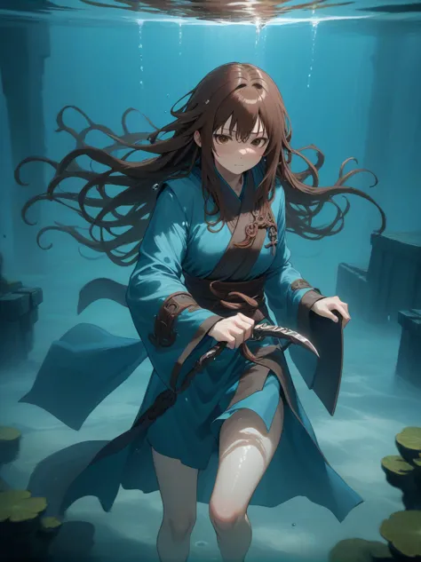 Partially underwater,最high quality,high quality, , Long Hair, Brown Hair, Wet Hair, Flat Chest,Dark underground labyrinth,No lig...