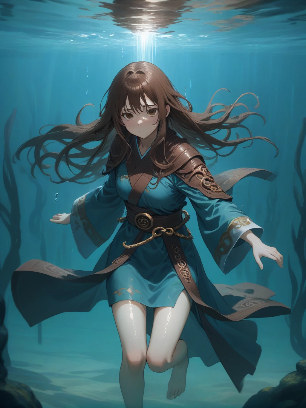 Partially underwater,最high quality,high quality, , Long Hair, Brown Hair, Wet Hair, Flat Chest,Dark underground labyrinth,No light,Cloth armor,Equipped with a dagger and a shield,Face above water,Body in water, Underwater Photography,The robe rolls up due to buoyancy,Painful face、My leg is pulled by tentacles、Being dragged into the water、Go wild