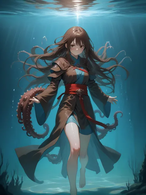 partially underwater,最high quality,high quality, , long hair, brown hair, wet hair, flat chest,dark underground labyrinth,no lig...