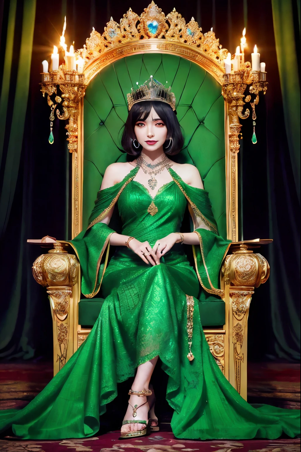 (Ultra-detailed face, Brutal eyes), (Fantasy Illustration with Gothic & Ukiyo-e & Comic Art), (Full Body, A middle-aged ice elf woman with silver hair, blunt bangs, very very long disheveled hair, and silver skin, Eyes burning yerrow), (The queen wears a jade tiara, a large jeweled necklace and earrings, a long lacy deep green silk dress, and jeweled green sandals), (The green demon queen lies on a huge, tall throne, hands on her cheeks and a brutal smile on her face), BREAK (An opulent, tall, gigantic gothic throne of glittering splendor, adorned with gems and precious metals. It looks dark:1.2), (In the background, long curtains and many candelabras line either side of the queen's throne in the royal palace), (Perspective looking up from the foot of the throne)
