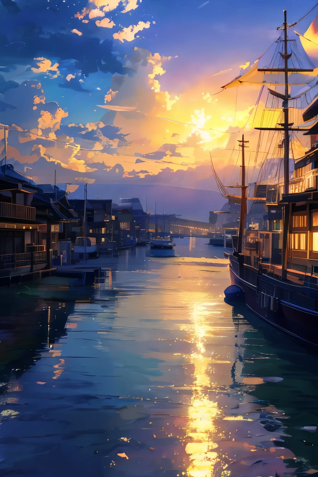 есть изображение города с гаванью и лодкой, Киото анимация еще, HD аниме городской пейзаж, style of Макото Синкай, скриншот из аниме 2012 года, фон сцены в порту, скриншот из аниме гуро, Макото Синкай. —ч 2160, Аниме пейзажи, скриншот из аниме фильма, Макото Синкай!