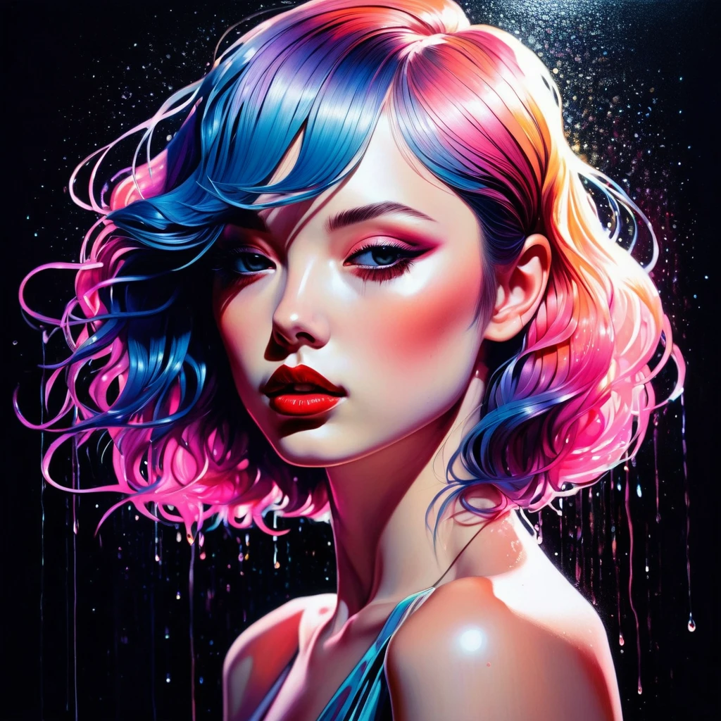 chiaroscuro technique in sensual illustration of an elegant girl,  wet hair, vintage, weirdcore, mattepainting, by Hannah Dale, by Harumi Hironaka, extremely soft colors, Vibrant, highy detailed, digital illustrations , hight contrast, dramatic, refined, tonal, Facial expression