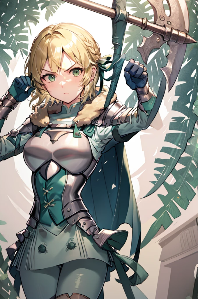 masterpiece, best quality,  waringrid, short hair, hair ribbons, shoulder armor, armor, breastplate, underbust, green coat, fur trim, vambraces, blue gloves, green skirt, white pants, green cape, standing, furrowed brow, serious, holding a spear with both hands, long spear, holding a lance with both hands, combat pose, ready for combat